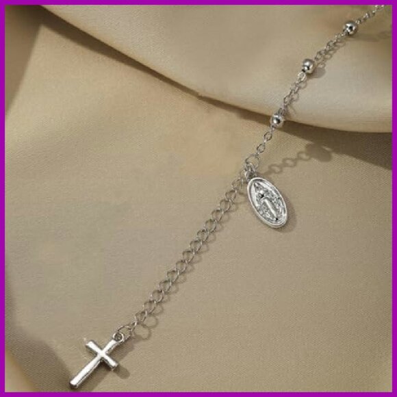 Vintage Bead Rosary Bracelet with Cross Pendant, Adjustable Lobster Clasp - Picture 7 of 8